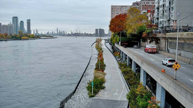 Phase 1 of East Midtown Waterfront Esplanade and East River Greenway development along FDR Drive in Manhattan