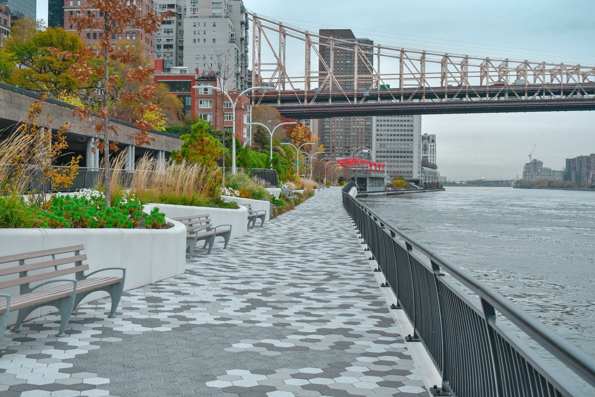 Phase 1 of East Midtown Waterfront Esplanade and East River Greenway development along FDR Drive in Manhattan