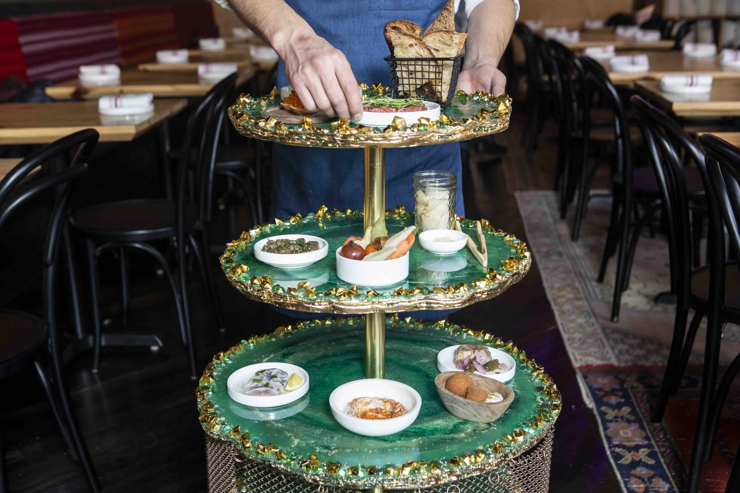 A tower filled with dishes