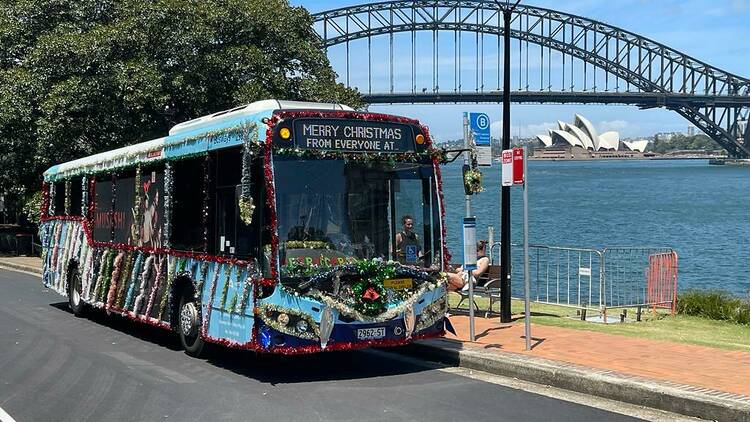 Wiloughby Christmas Buses 2023. Decorated bus placed around town for different scenery shots