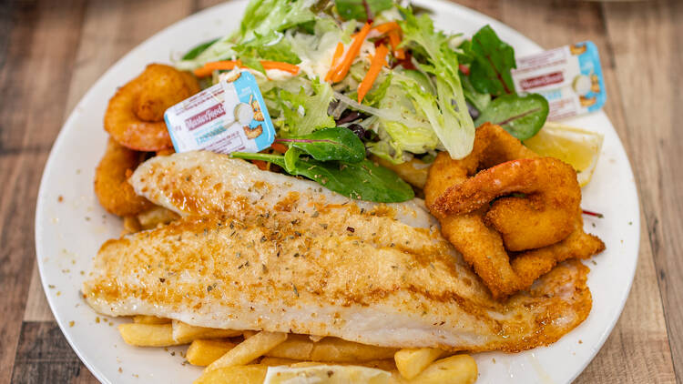Fish, chips, salad and calmari at Paris Seafood Cafe