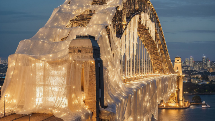 The Sydney Harbour Bridge draped with Christmas decorations and lights.
