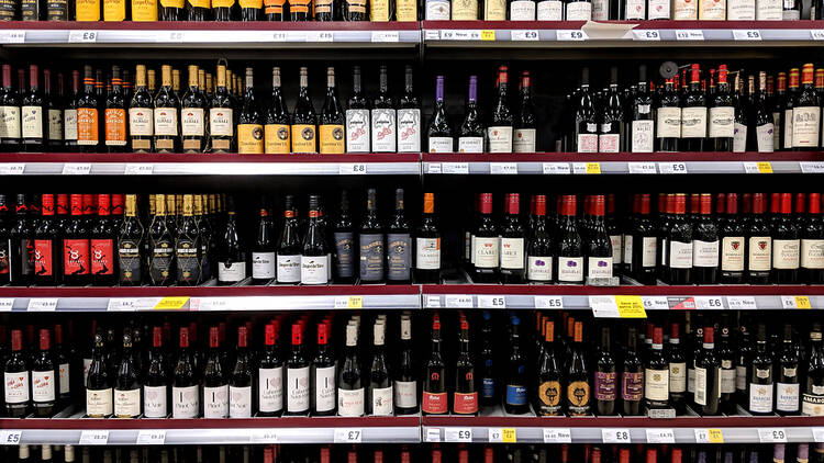 Rack of wine in a supermarket, UK