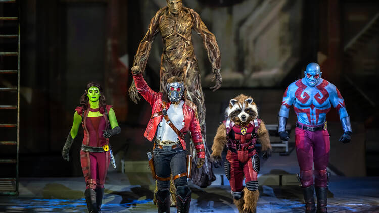 Guardians of the Galaxy characters on stage. 