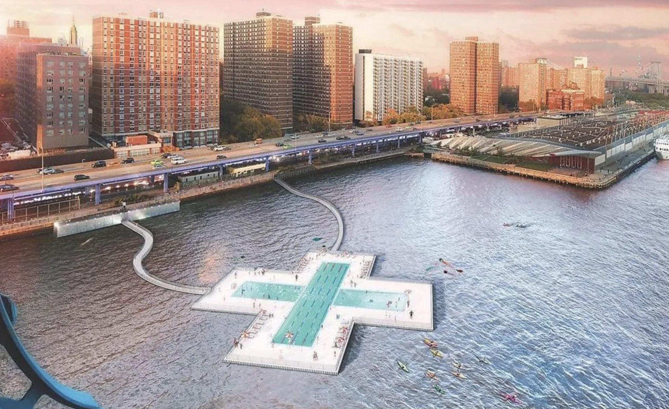 A floating pool shaped like a plus sign will actually open in the East River in 2025