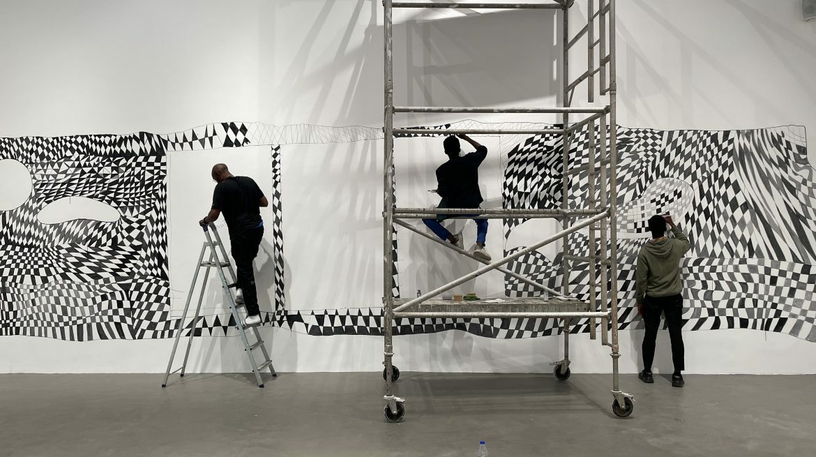 Andrew Pierre Hart, Installing at The Listening Sweet -3- Lagos, 2023. Courtesy the artist