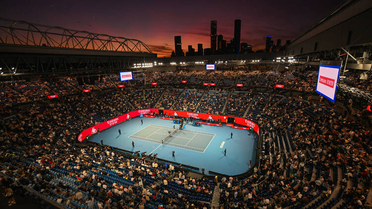 An evening tennis match at Rod Laver Arena. 