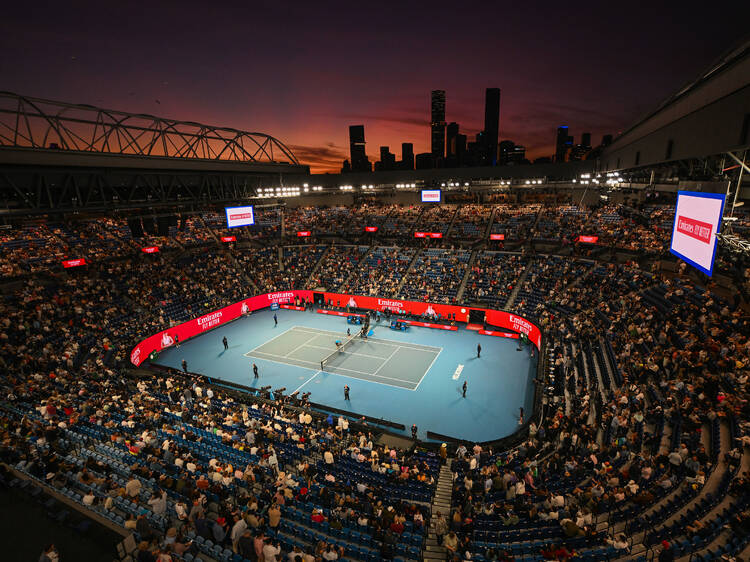 An evening tennis match at Rod Laver Arena. 