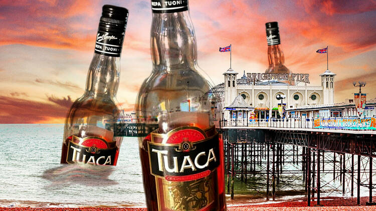 Bottles of Tuaca on Brighton beach 