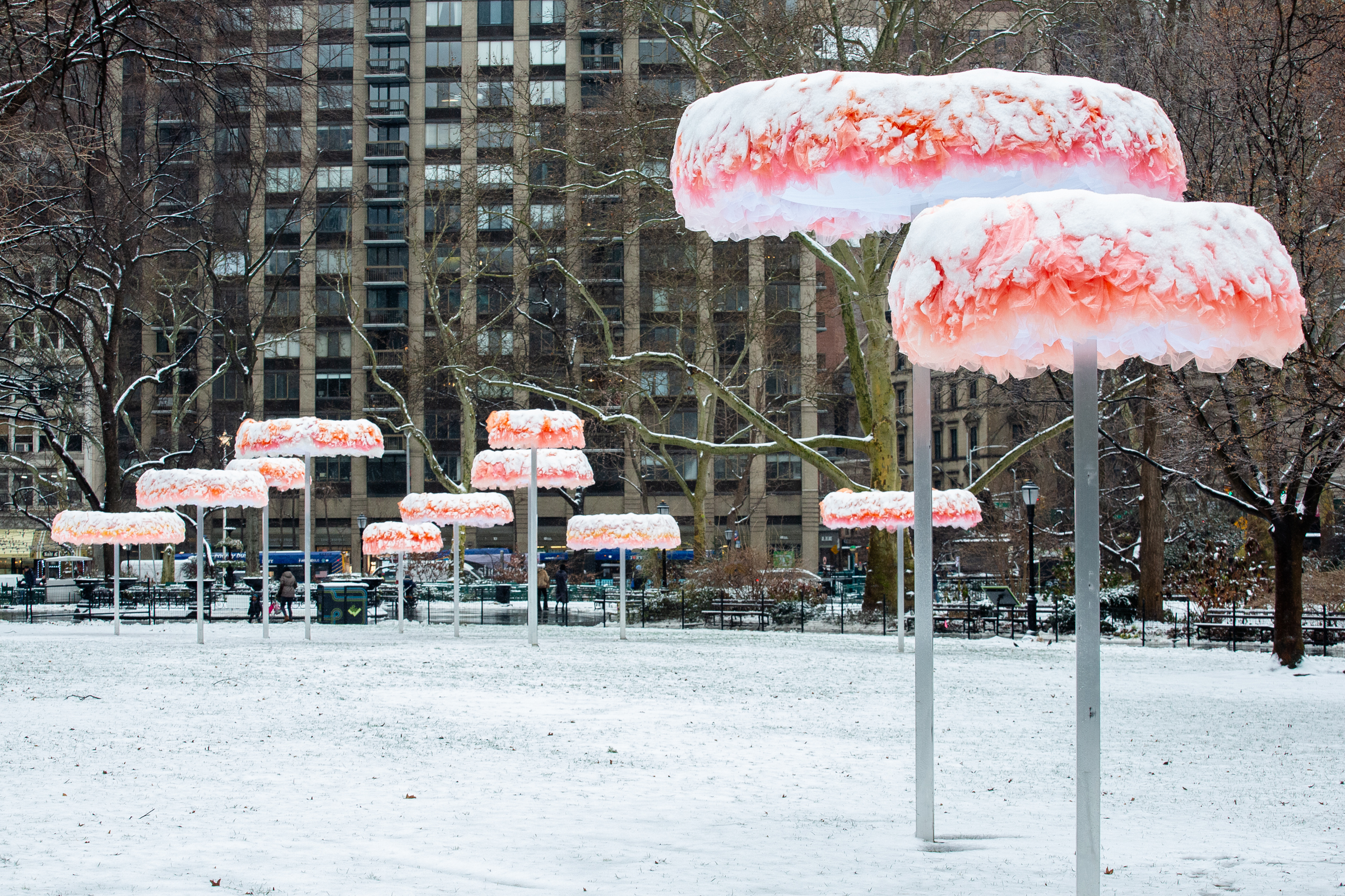 sculptures in a snowy park