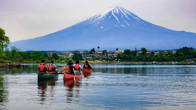 Canoes on Lake Kawaguchiko with Mt Fuji in the background