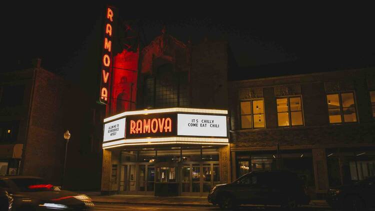 Exterior night shot of Ramova Theatre