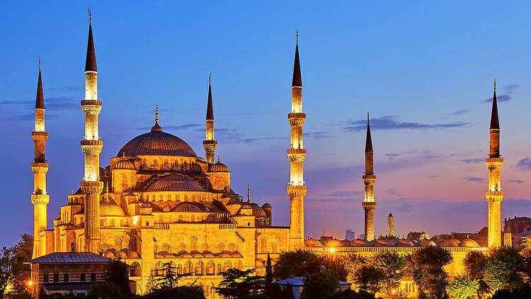 The blue mosque in Istanbul at sunset. 