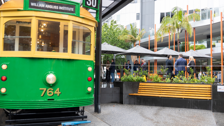 A refurbished tram café in the courtyard at Melbourne's William Angliss campus.