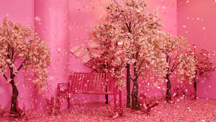 A pink bench and pink trees.