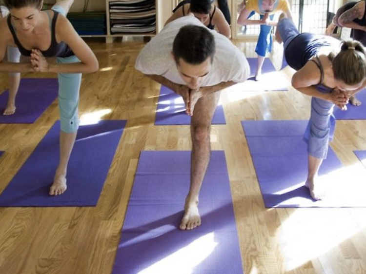 Modern yoga studio, serene space with yoga mats laid out under the