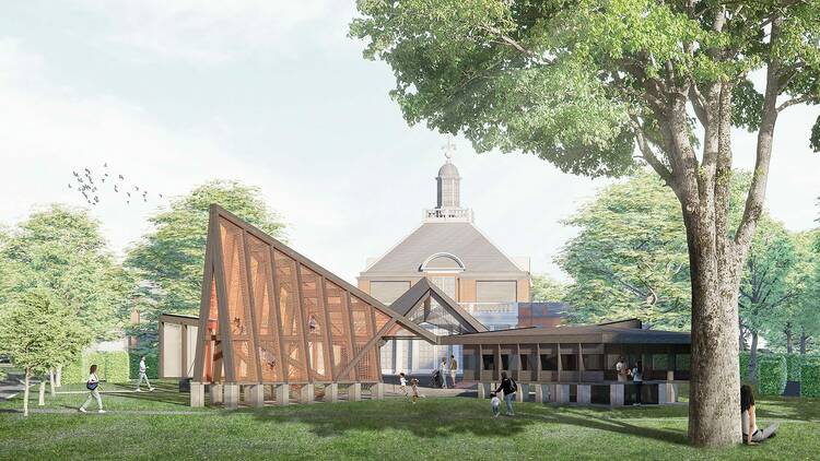Serpentine Pavilion 2024 designed by Minsuk Cho, Mass Studies. Design render, exterior view. Photo © Mass Studies Courtesy: Serpentine