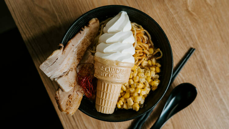 Bowl of miso ramen with soft serve.