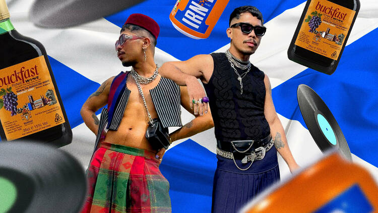 A collage of Buckfast, Irn Bru and men in kilts 