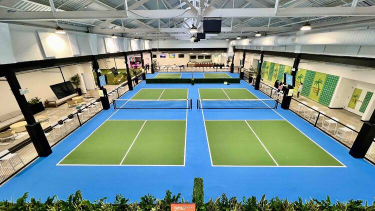 An indoor pickleball facility