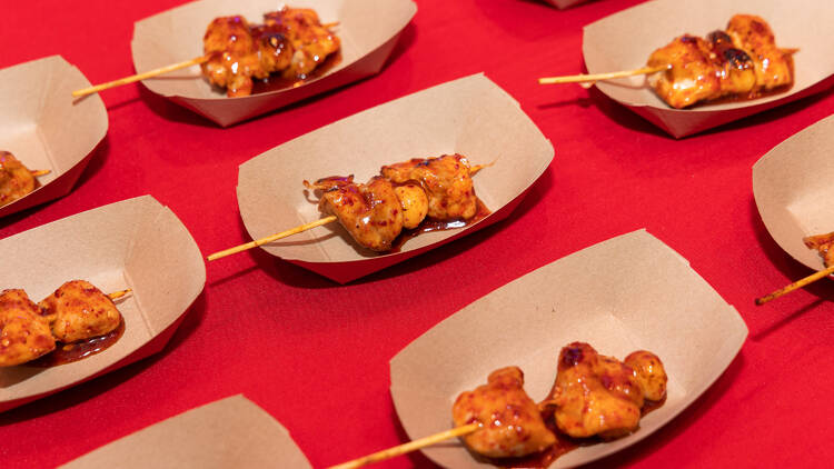Skewers with chicken against a red background