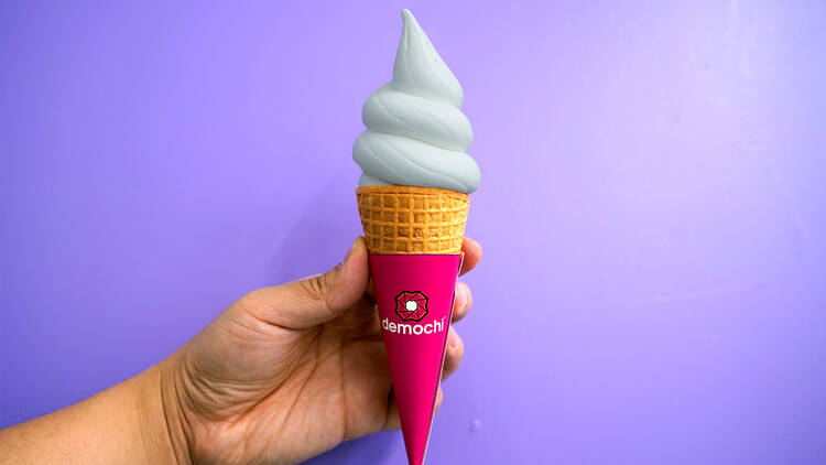 A cone of Demochi's signature Creamium soft serve.
