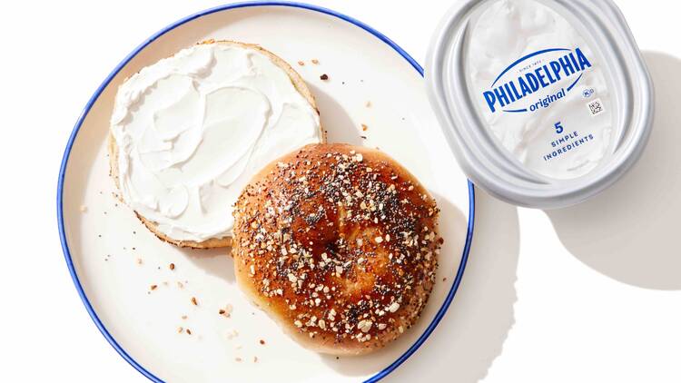 A holeless bagel with cream cheese