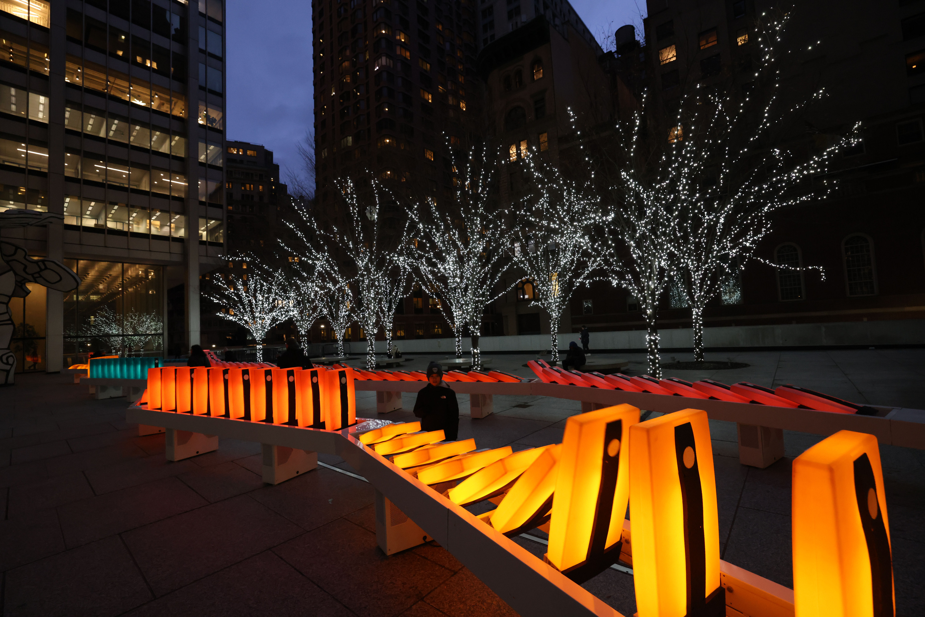 Play around with these fluorescent domino pieces in the Financial District