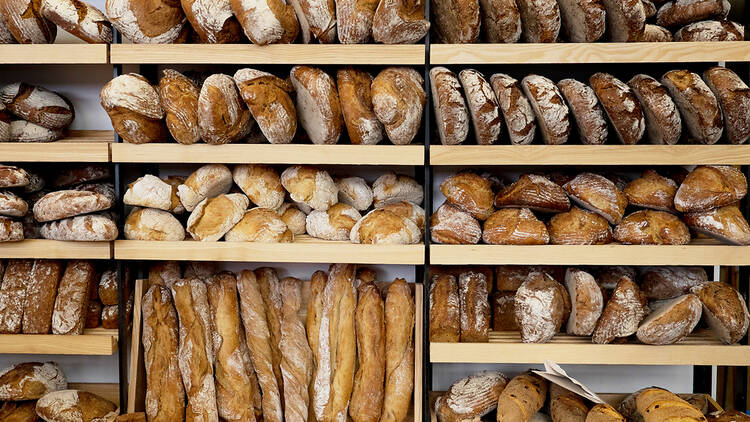 Bakery with shelves of bread