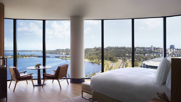 A hotel room with river views