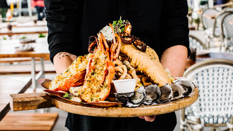 A plate of seafood including oysters and crab