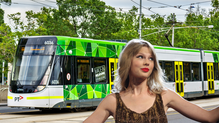 Taylor Swift in front of a tram. 