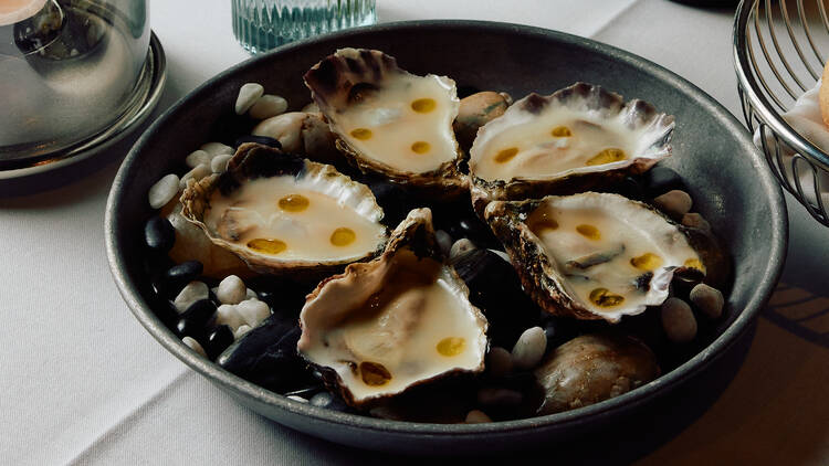 Dish of oysters with balsamic and saffron dressing.