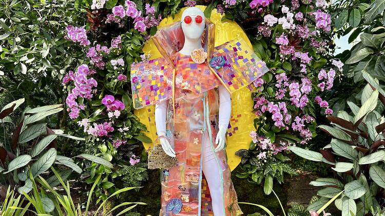 A mannequin with floral attire.