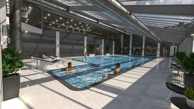 An artist rendering of an indoor swimming pool