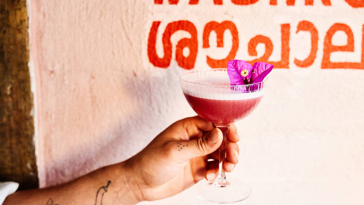 Someone holding a pink, flower-garnished cocktail in front of decorated wall.