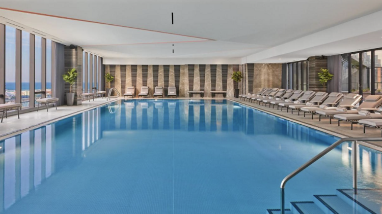 Large indoor swimming pool with a view at the St Regis  Chicago.