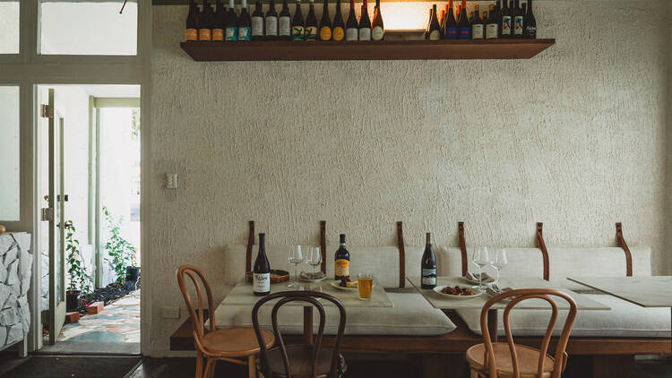 A minimalist restaurant dining room