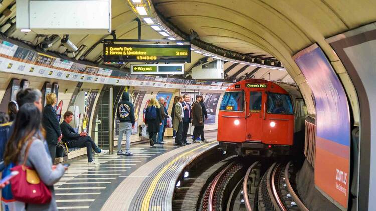 Bakerloo line train and platform at Waterloo, London