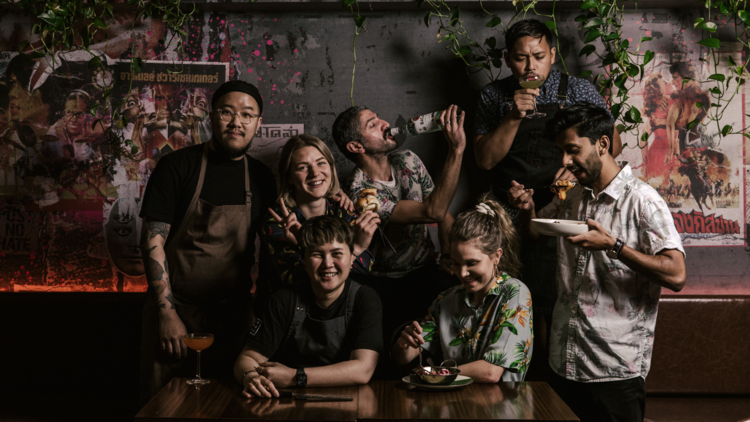 A group of people enjoy boozy brunch