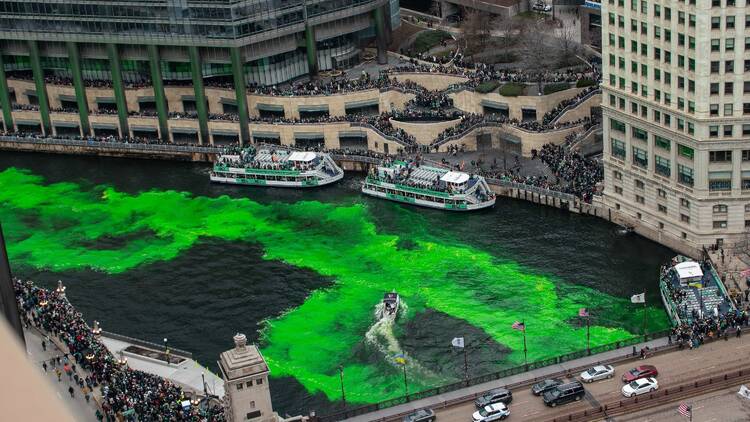 The chicago river being dyed green
