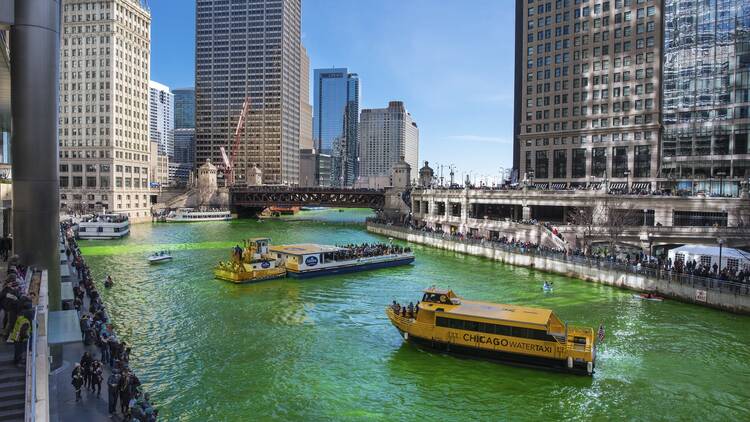 Boats on the Chicago River on St. Patrick's Day