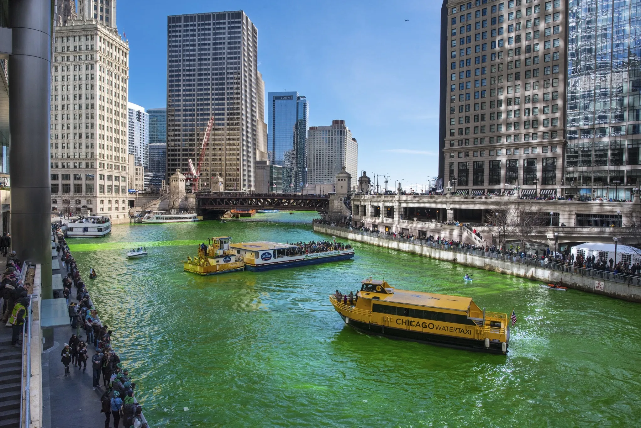 Boats on the Chicago River on St. Patrick's Day