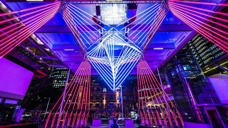 The 'Chronoharp' light installation at Barangaroo during Vivid Sydney 2022