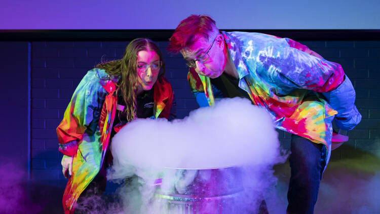 Two scientists with a smoke machine