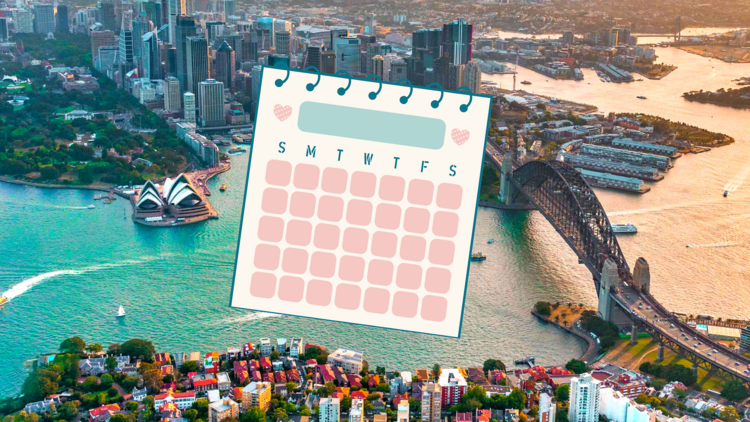 A photo of Sydney Harbour with the page of a calendar on top of it.