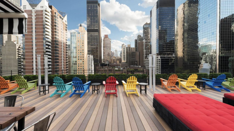 a NYC hotel with private terrace and colorful decor