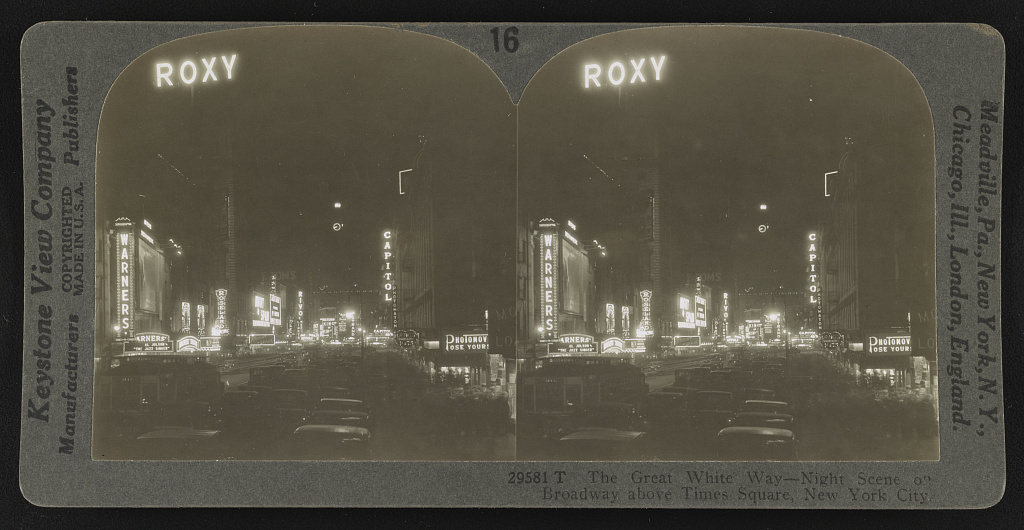 A night scene on Broadway above Times Square, New York City before 1930