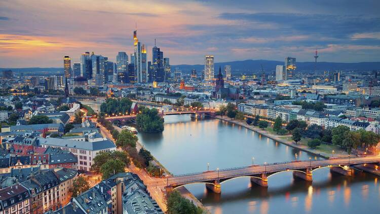 Frankfurt's skyline at dusk