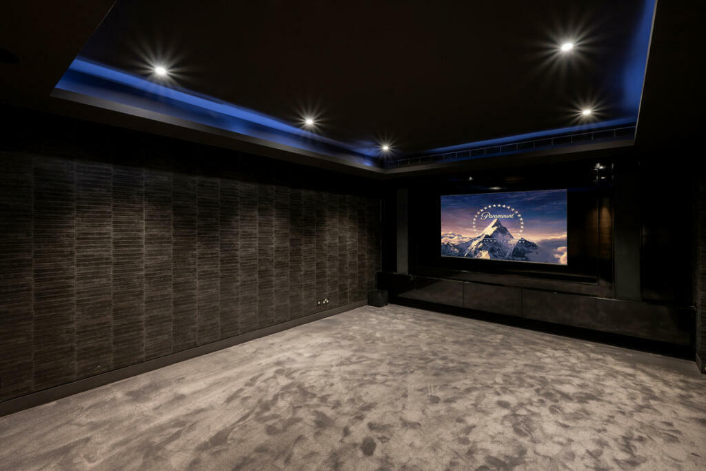 A dark cinema room with a grey carpet 